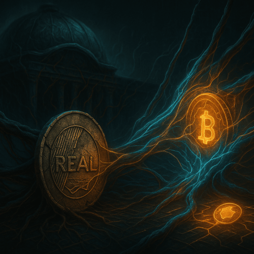Imagem realista e dramática mostrando uma moeda de Real parcialmente corroída, sendo puxada de volta para um banco central sombrio e inflacionado, enquanto um token cripto tenta escapar envolto em tendões digitais.