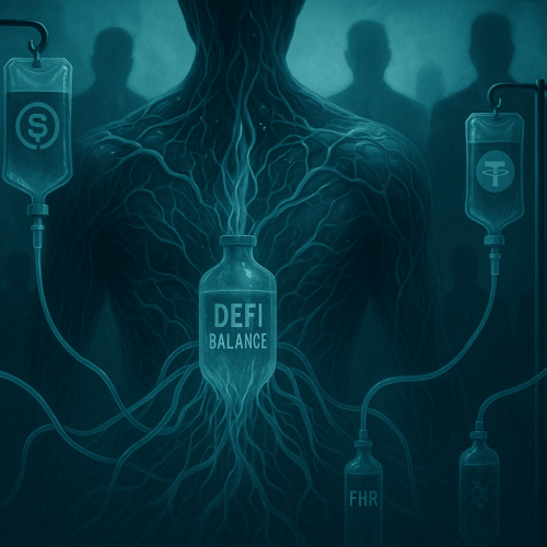 Cena dramática e futurista de um organismo digital sendo mantido vivo por tubos intravenosos com símbolos de stablecoins. No centro, um frasco marcado como “Equilíbrio DeFi” conecta as principais moedas estáveis a diferentes partes do corpo do sistema. Em segundo plano, sombras de figuras estatais observam, representando a ameaça das CBDCs. Atmosfera simbiótica e tecnológica, com cores frias e estética high-tech.