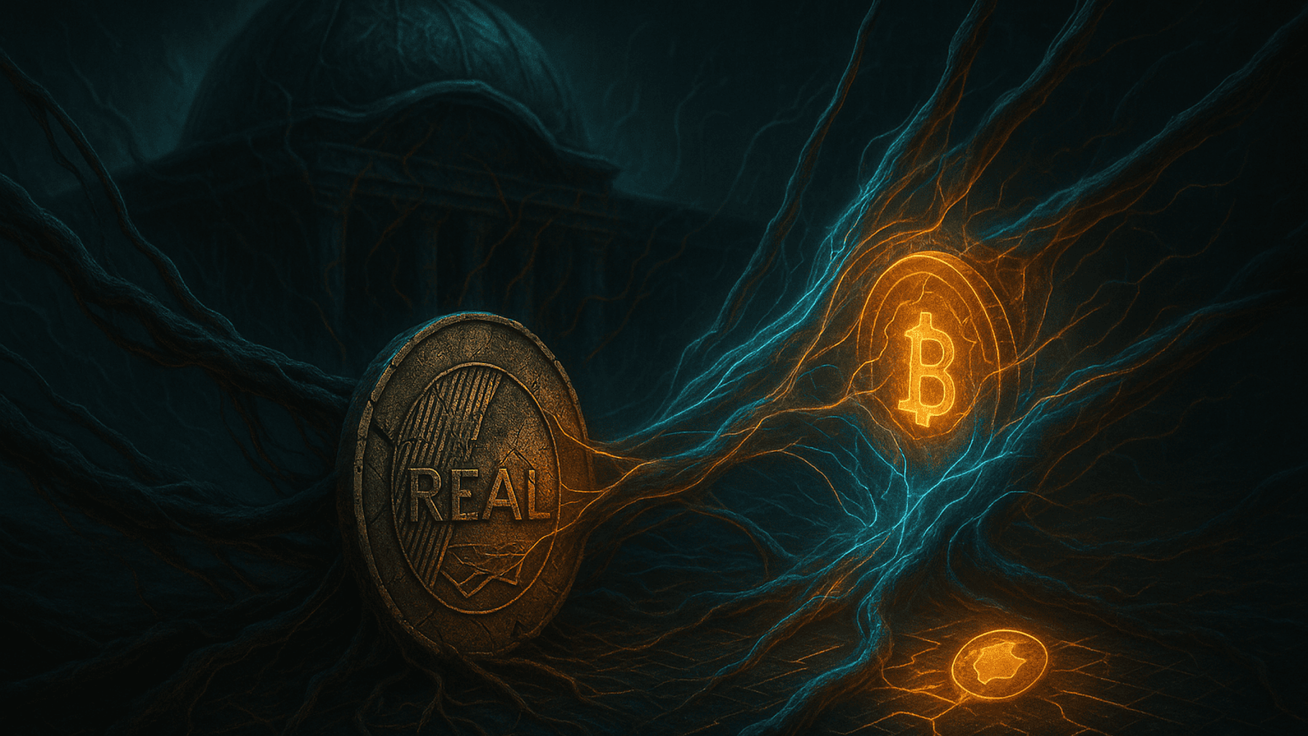 Imagem realista e dramática mostrando uma moeda de Real parcialmente corroída, sendo puxada de volta para um banco central sombrio e inflacionado, enquanto um token cripto tenta escapar envolto em tendões digitais.