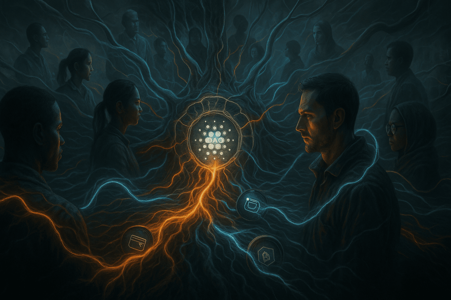 A realistic depiction of a decentralized digital organism with people from diferentes partes do mundo conectados a um núcleo simbiótico que representa uma DAO. O cenário é híbrido entre o digital e o biológico, com tons metálicos e orgânicos, criando uma narrativa visual de conexão global e tomada de decisão descentralizada. Estilo dramático, técnico e simbiótico.