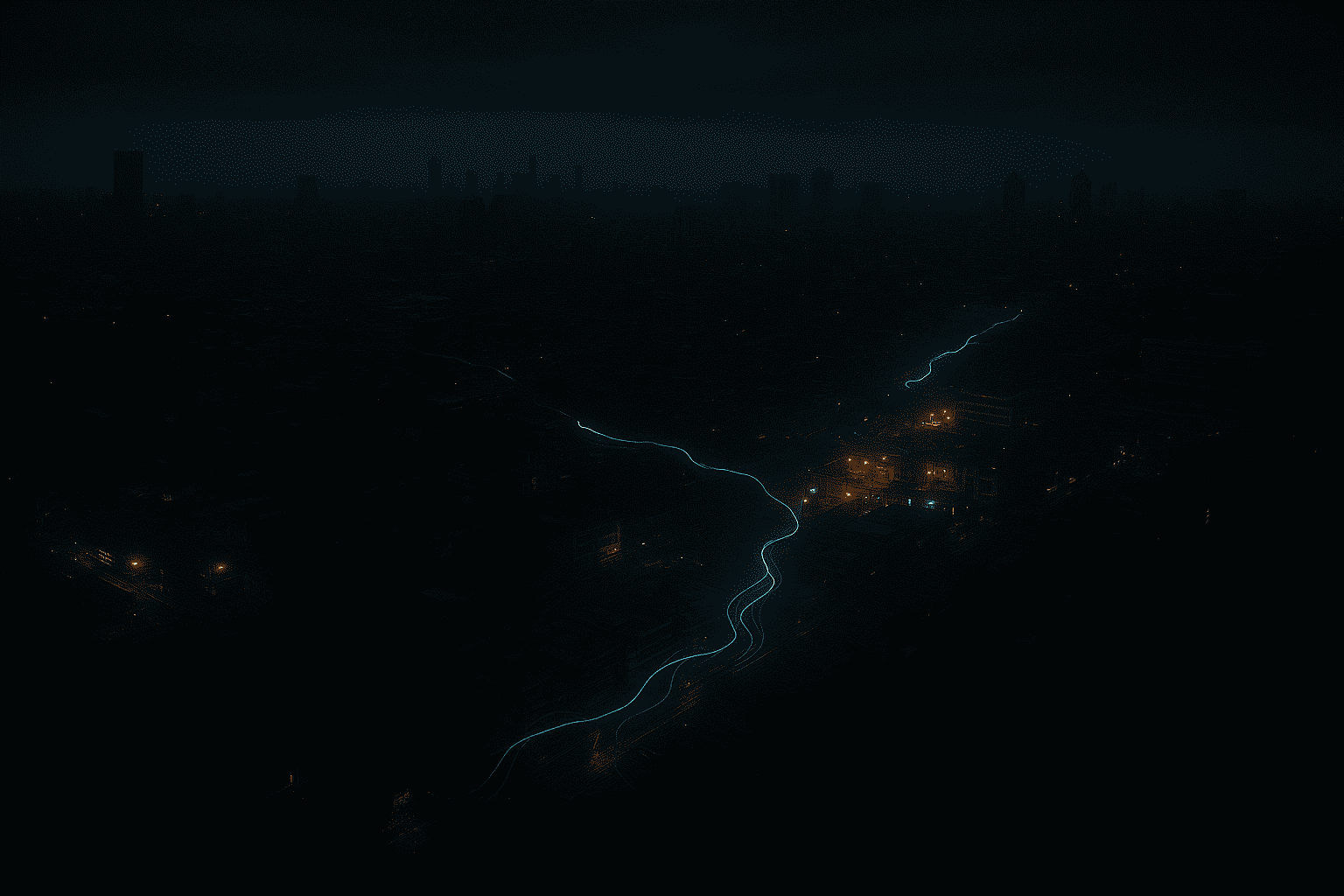 uma metrópole à noite, com áreas inteiras no escuro devido ao apagão, enquanto pequenas ilhas de luz (representando comunidades descentralizadas) continuam ativas, conectadas por fios simbióticos e pulsações energéticas, simbolizando resiliência e autonomia.