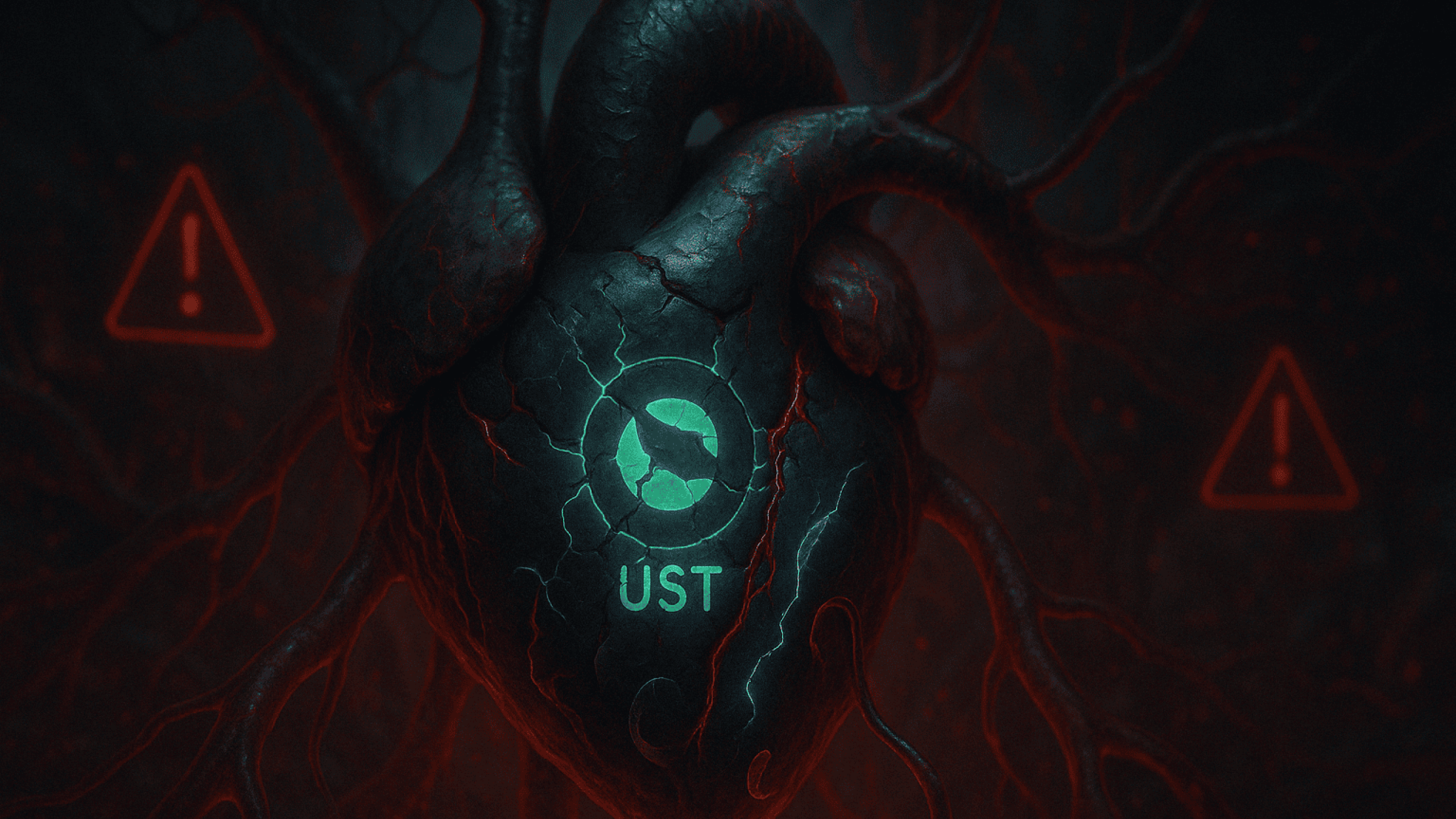 Imagem dramática de um coração digital biotecnológico que tenta bombear sangue simbiótico, mas começa a necrosar. O símbolo do UST pulsa em coloração esverdeada no centro do órgão, com rachaduras visíveis e LUNA derretendo nas veias. Ao redor, o corpo do sistema DeFi reage com inflamações e sinais de alerta. Atmosfera sombria, com luzes intermitentes, representando um colapso iminente. Estilo realista, com estética simbiótica futurista