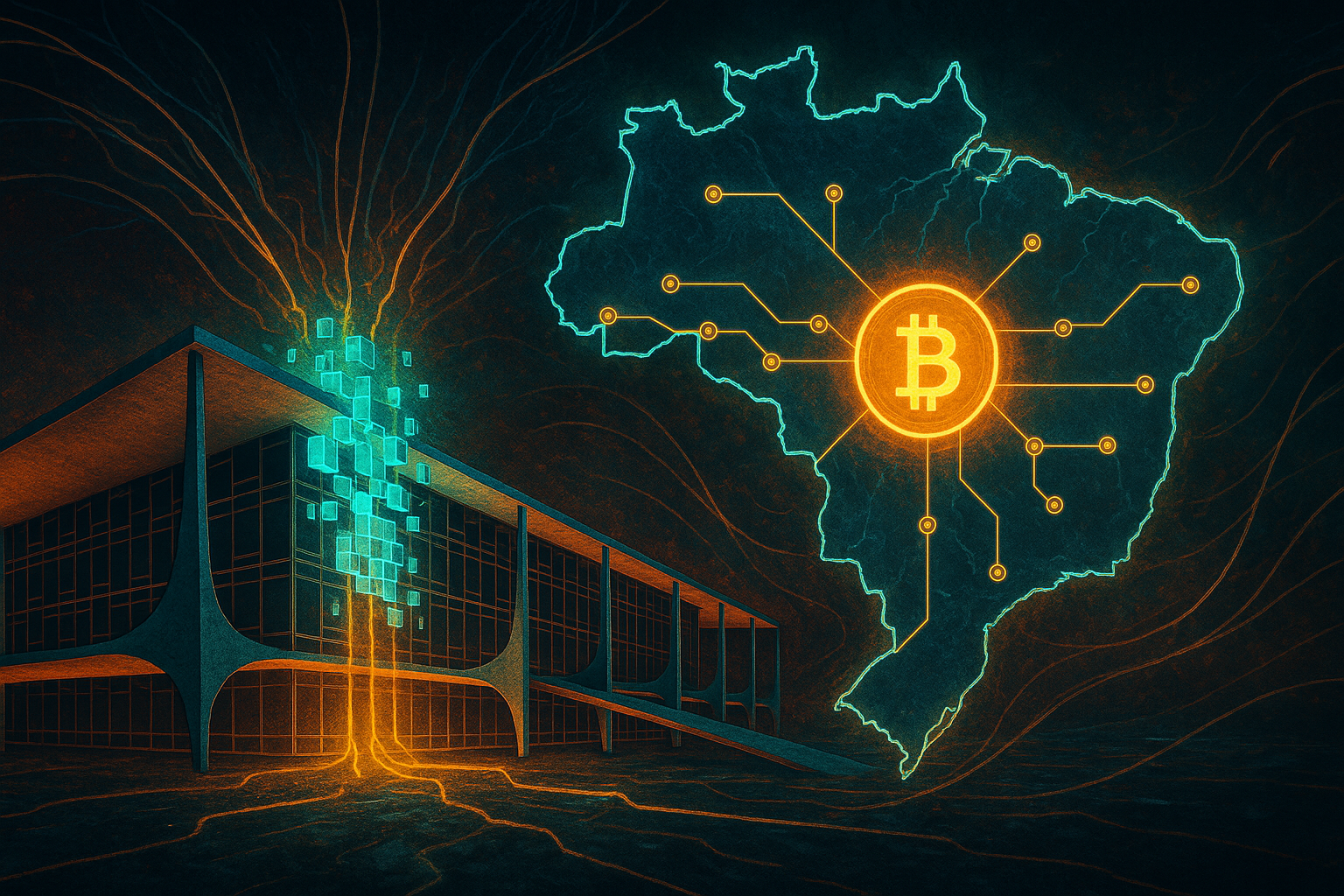 Imagem realista e simbólica de um prédio brasileiro moderno sendo digitalizado em blocos de dados enquanto se conecta a uma rede blockchain que percorre o mapa do Brasil. O fundo transmite progresso e inovação com cores vibrantes, unindo concreto e código.