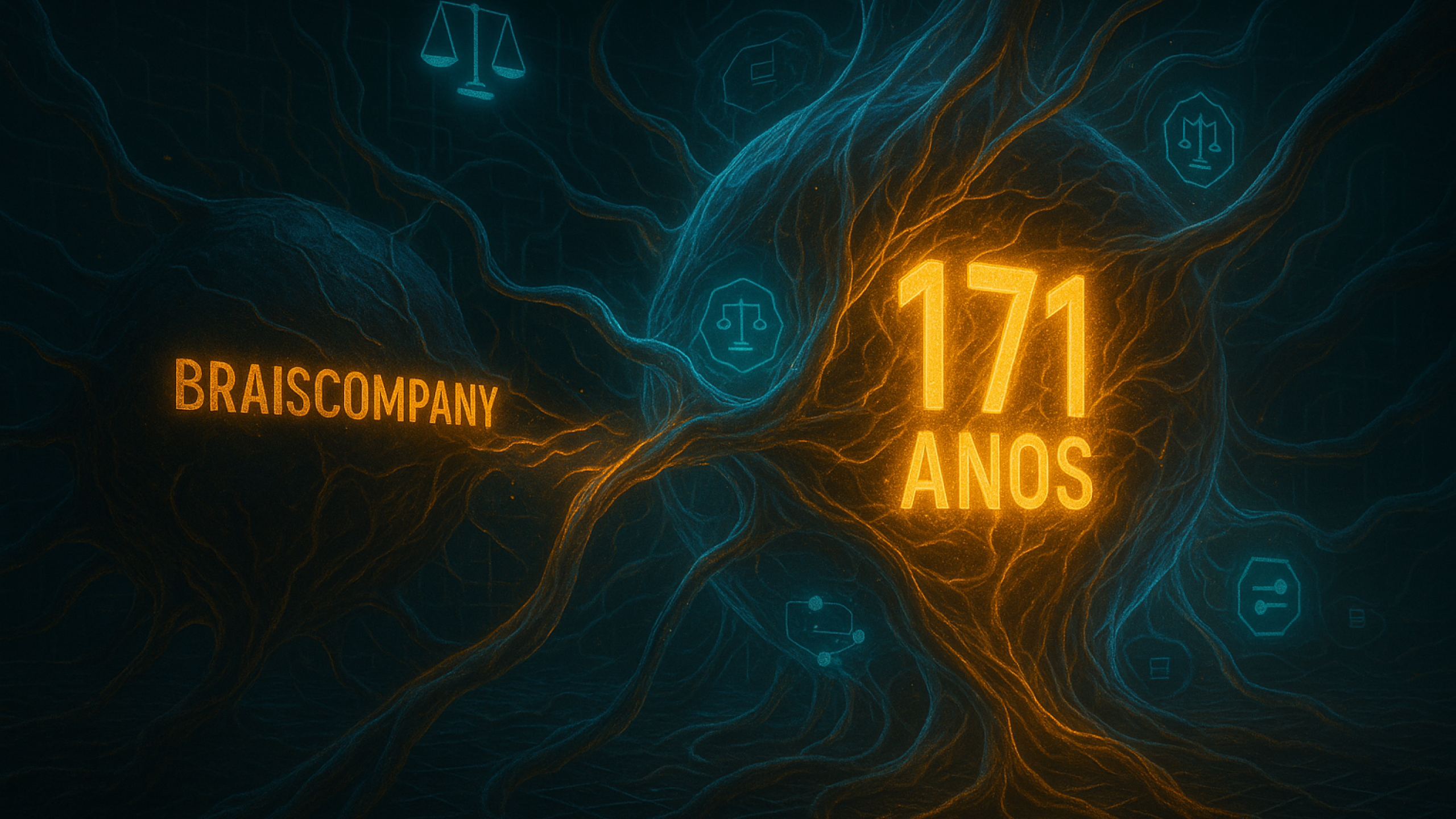 uma entidade parasitária (a Braiscompany) sendo neutralizada por um organismo biotecnológico composto por elementos judiciais e blockchain, com luz simbiótica irradiando da sentença de 171 anos.