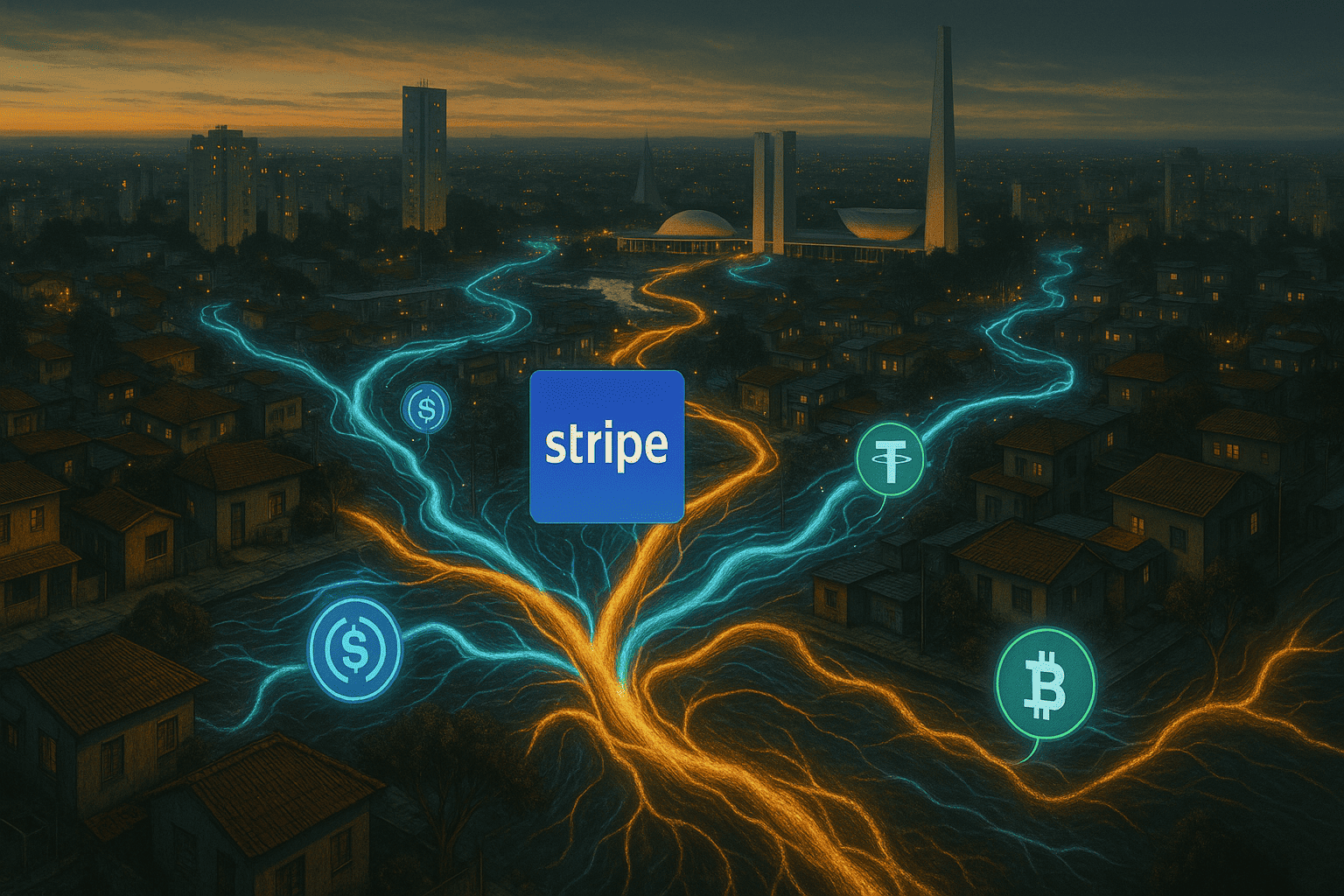 cena realista de um ecossistema urbano brasileiro interconectado por artérias digitais, com stablecoins fluindo por entre bairros, comércios e plataformas online em sincronia com a Stripe (logo em anexo), em ambiente de inovação e mutação simbiótica.