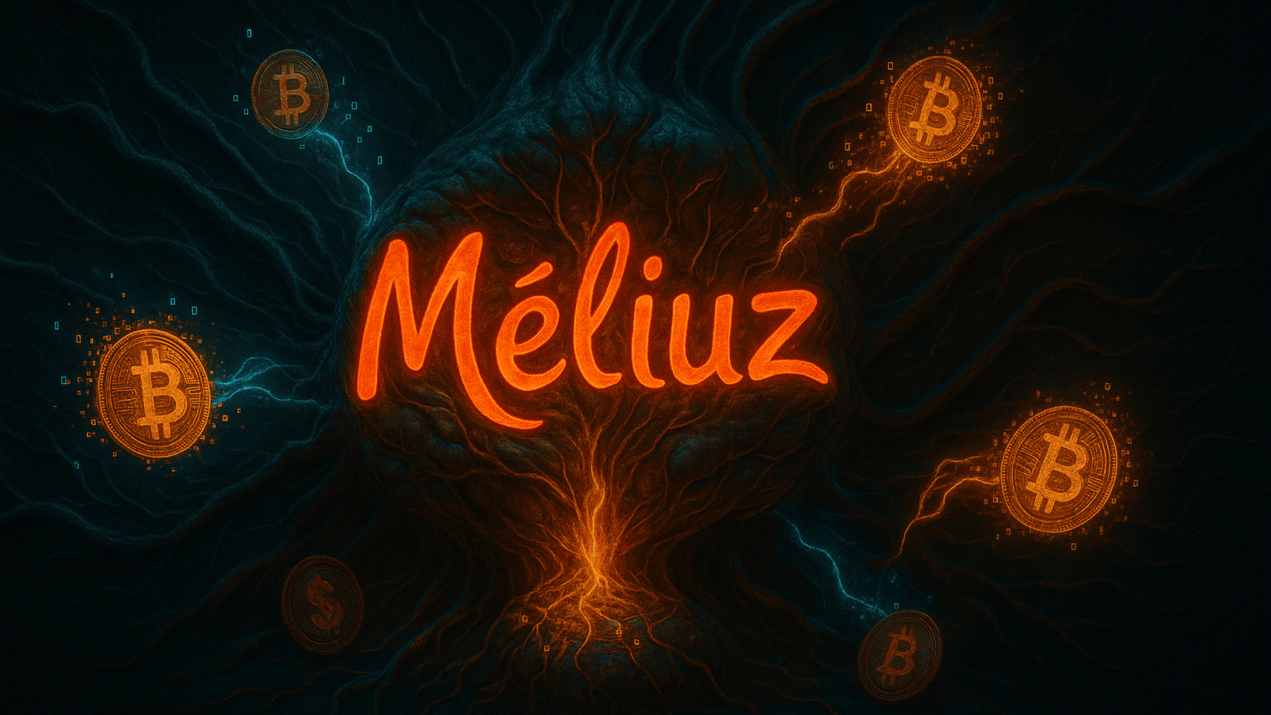 Ilustração simbiótica e técnica mostrando o logotipo de uma empresa brasileira (Méliuz) se fundindo com partículas de Bitcoin em um ambiente orgânico e digital. O núcleo da imagem mostra uma tesouraria representada como órgão vivo absorvendo os ativos digitais.