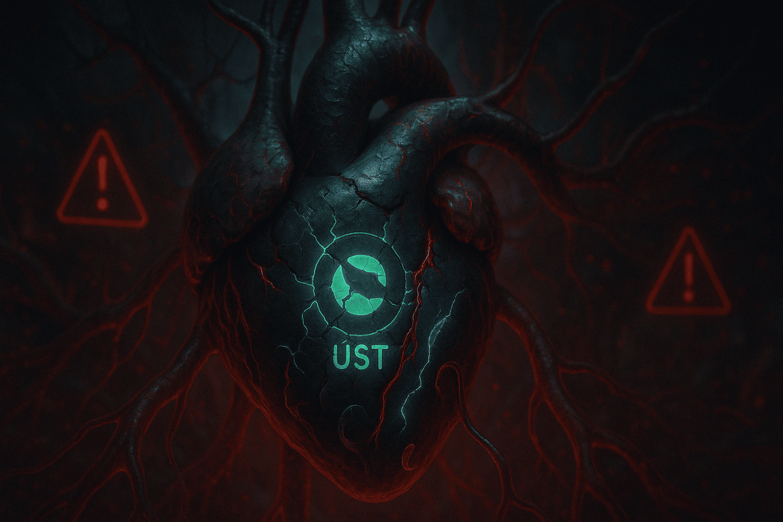 Imagem dramática de um coração digital biotecnológico que tenta bombear sangue simbiótico, mas começa a necrosar. O símbolo do UST pulsa em coloração esverdeada no centro do órgão, com rachaduras visíveis e LUNA derretendo nas veias. Ao redor, o corpo do sistema DeFi reage com inflamações e sinais de alerta. Atmosfera sombria, com luzes intermitentes, representando um colapso iminente. Estilo realista, com estética simbiótica futurista