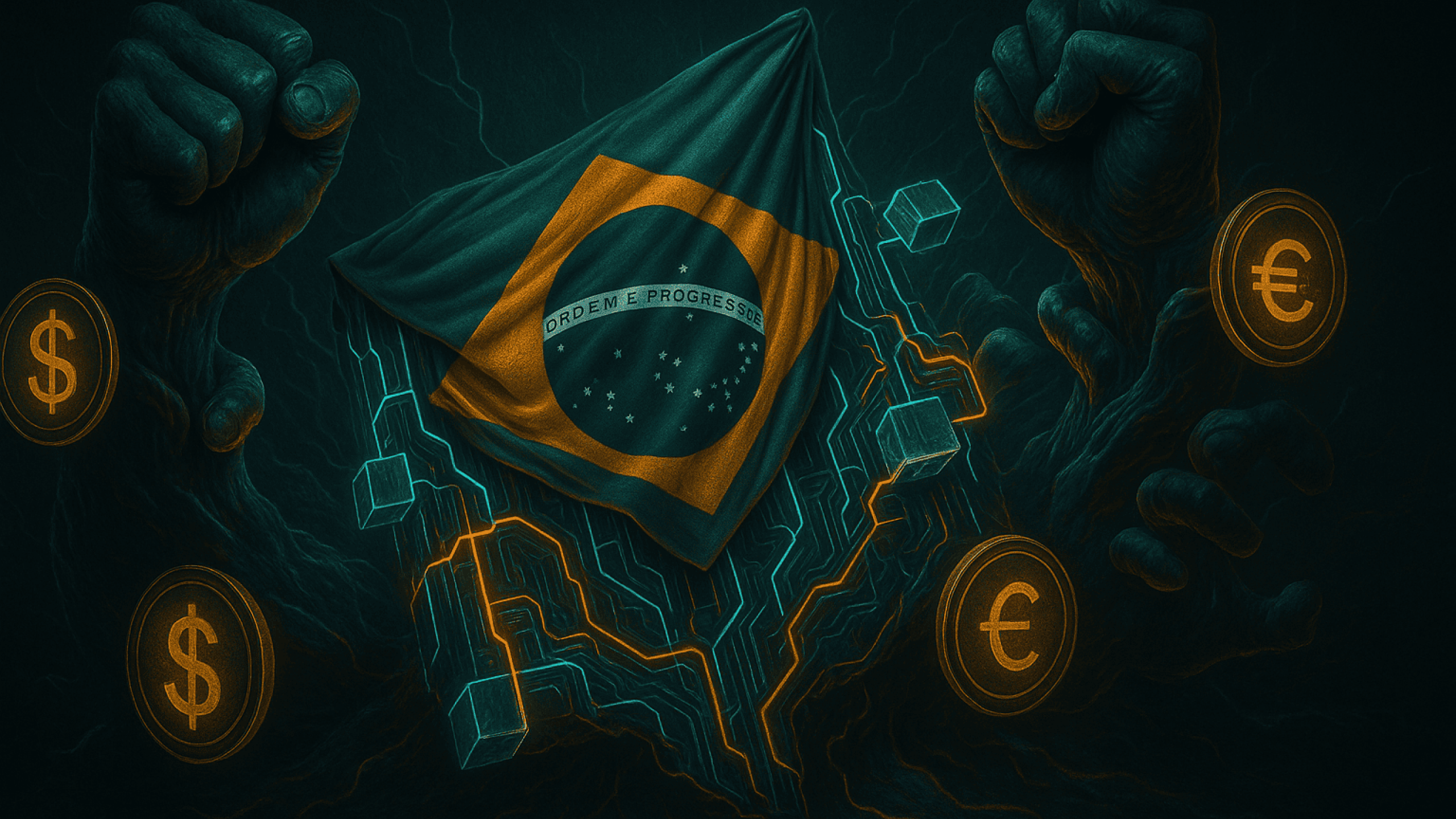 Imagem realista e simbólica de uma bandeira do Brasil envolta em circuitos e blocos de blockchain, enquanto mãos de ferro tentam controlar moedas digitais flutuantes (stablecoins) ao redor.