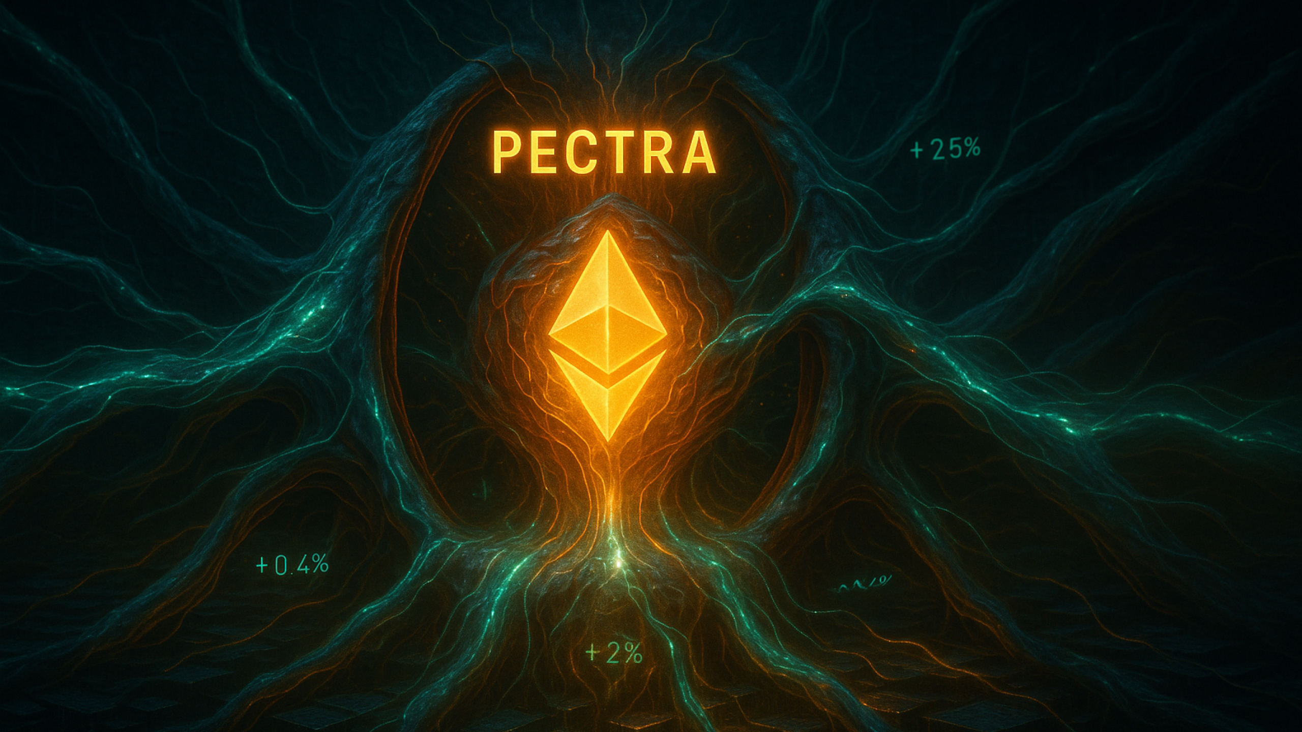 estrutura biotecnológica pulsante representando a rede Ethereum após mutação. O núcleo brilha com a palavra 'Pectra', enquanto veias translúcidas irradiam crescimento e sinais positivos. Um token ETH resplandece no centro como catalisador da evolução.