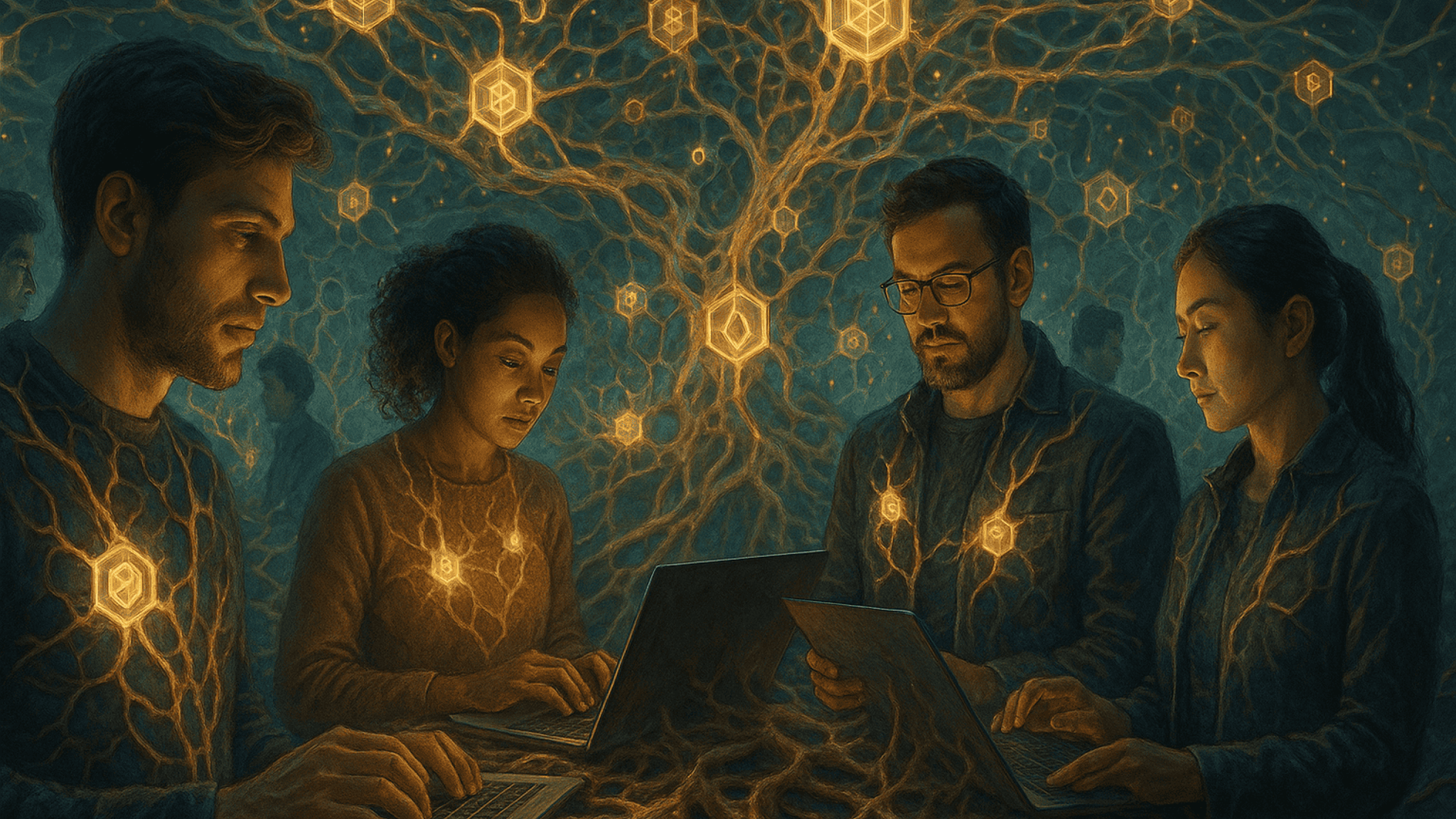 trabalhadores conectados a redes blockchain e DAOs como um organismo simbiótico global em constante mutação, com toques biotecnológicos e energia luminosa descentralizada fluindo entre indivíduos e protocolos