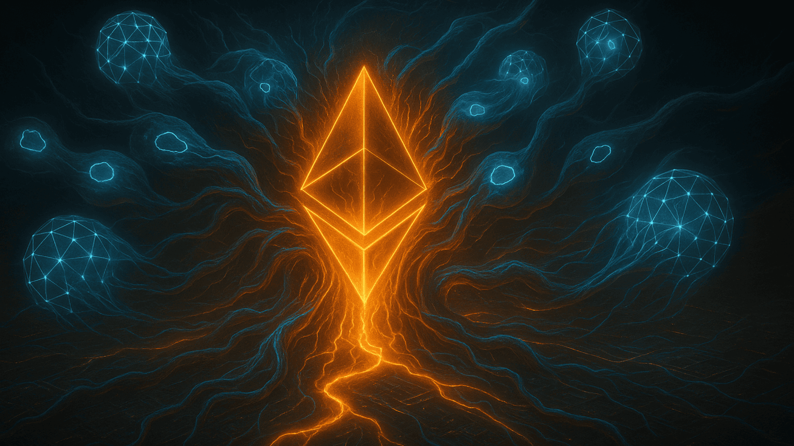 Um visual realista e simbólico da rede Ethereum passando pela atualização Pectra - um organismo digital vivo evoluindo, com validadores brilhantes em torno de um logotipo central do Ethereum pulsante, canais de atividade de contrato inteligente se ramificando como neurônios. Humor: transformador, técnico, vivo.