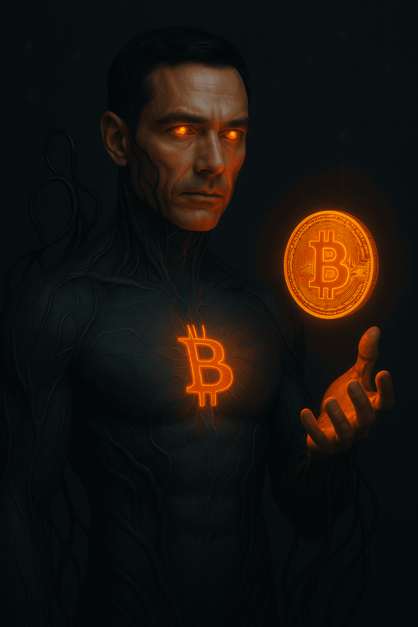 O Simbionte Maxxi, personagem de olhos brilhantes de cor laranja e corpo coberto por um parasita que se integrou ao seu sistema. O Simbionte Maxxi carrega seu bitcoin para salvar o mundo.