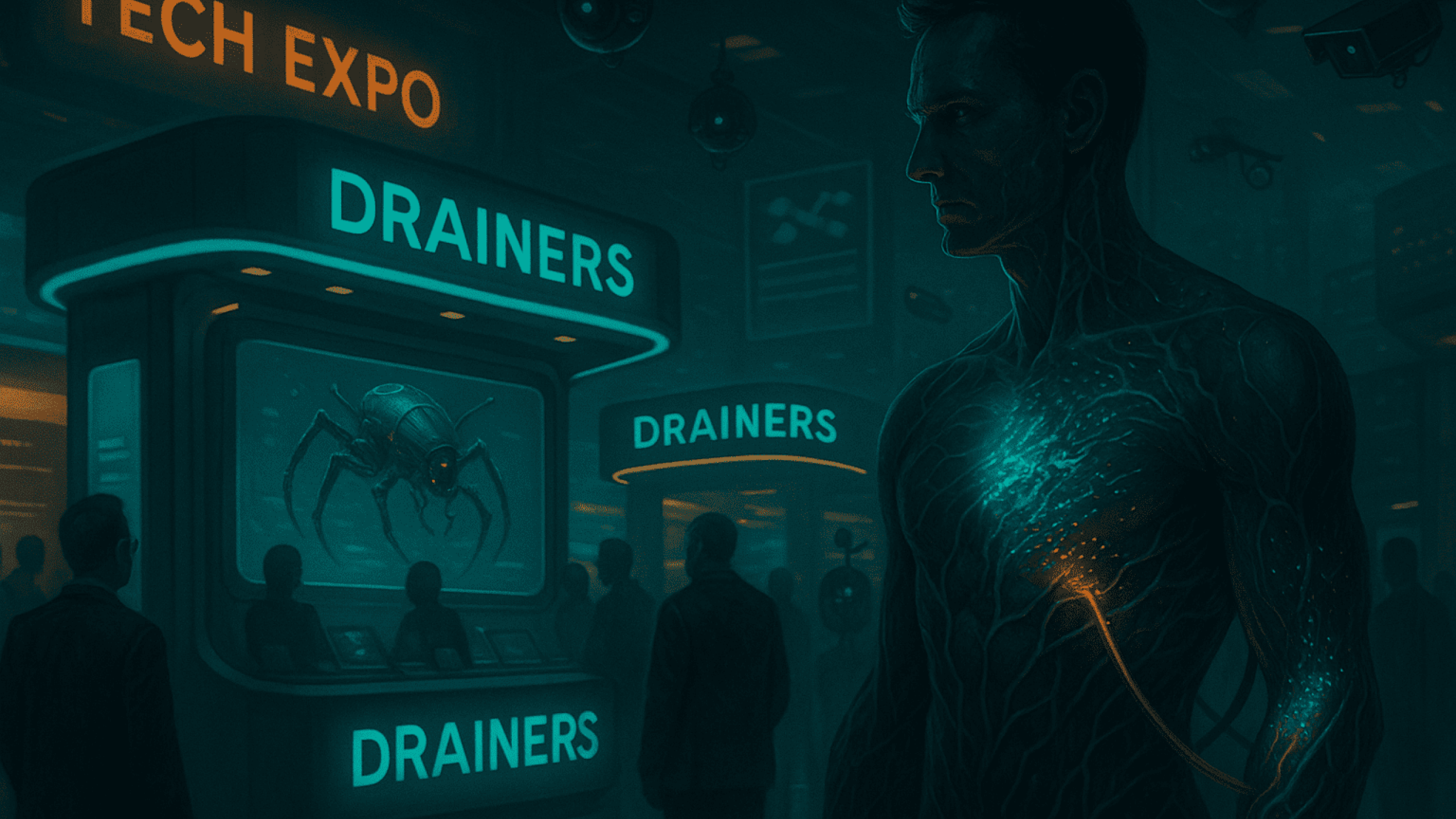 Cena realista de uma feira de tecnologia futurista, com estandes brilhantes e letreiros exibindo "Drainers" como produtos comerciais. Ao fundo, uma figura simbiótica representando um investidor de cripto é observada por drones e câmeras, com parte de sua estrutura sendo drenada por cabos luminosos. Clima de alerta, sedução e ameaça latente.
