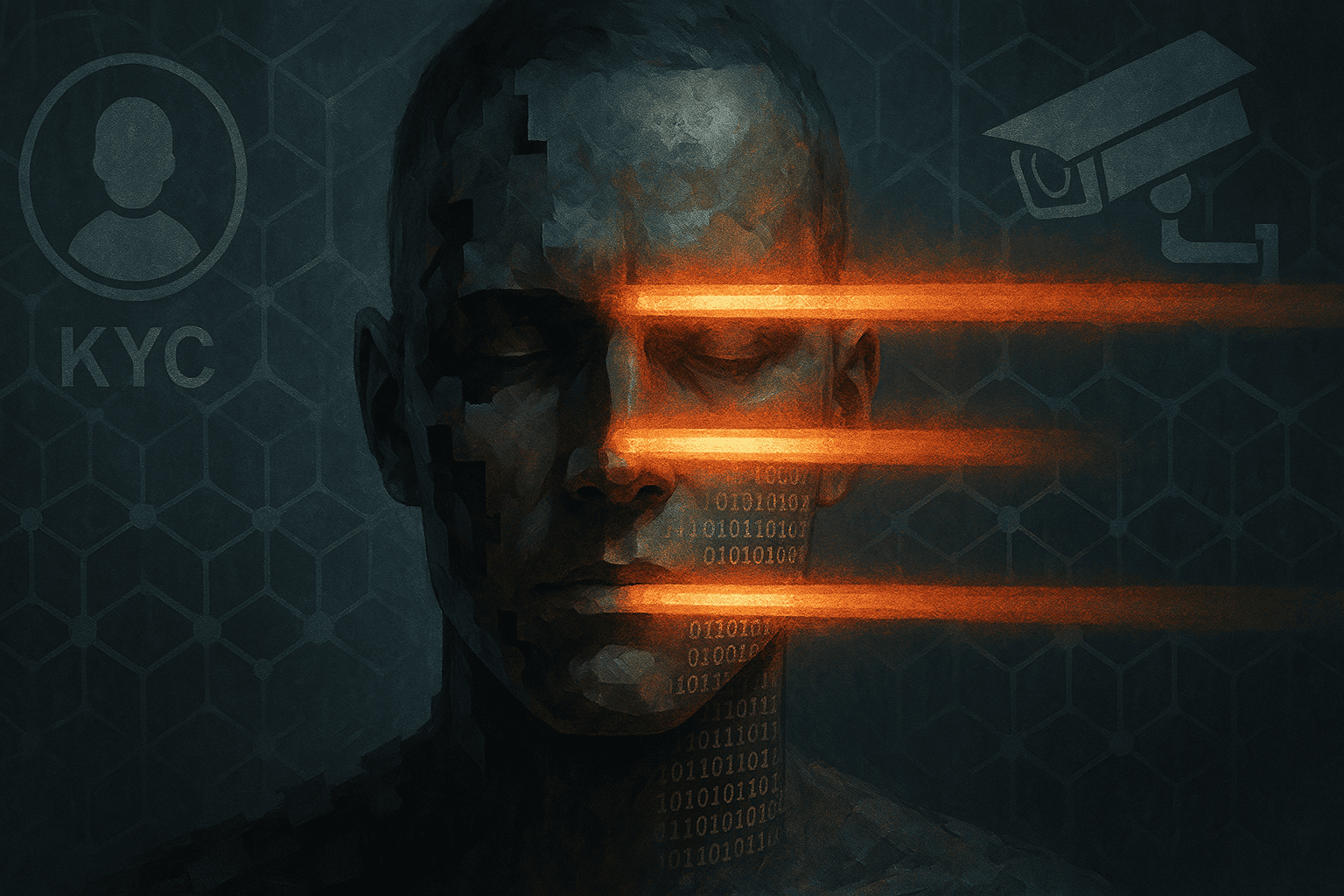 Uma imagem realista e dramática em 16:9 mostrando um rosto digital fragmentado por feixes de luz escaneadora, onde partes da identidade vão sendo reveladas como linhas de código. Ao fundo, uma malha de blockchain envolta por símbolos de KYC e vigilância. O ambiente é frio e clínico, com atmosfera de controle. Estilo cinematográfico e simbiótico.
