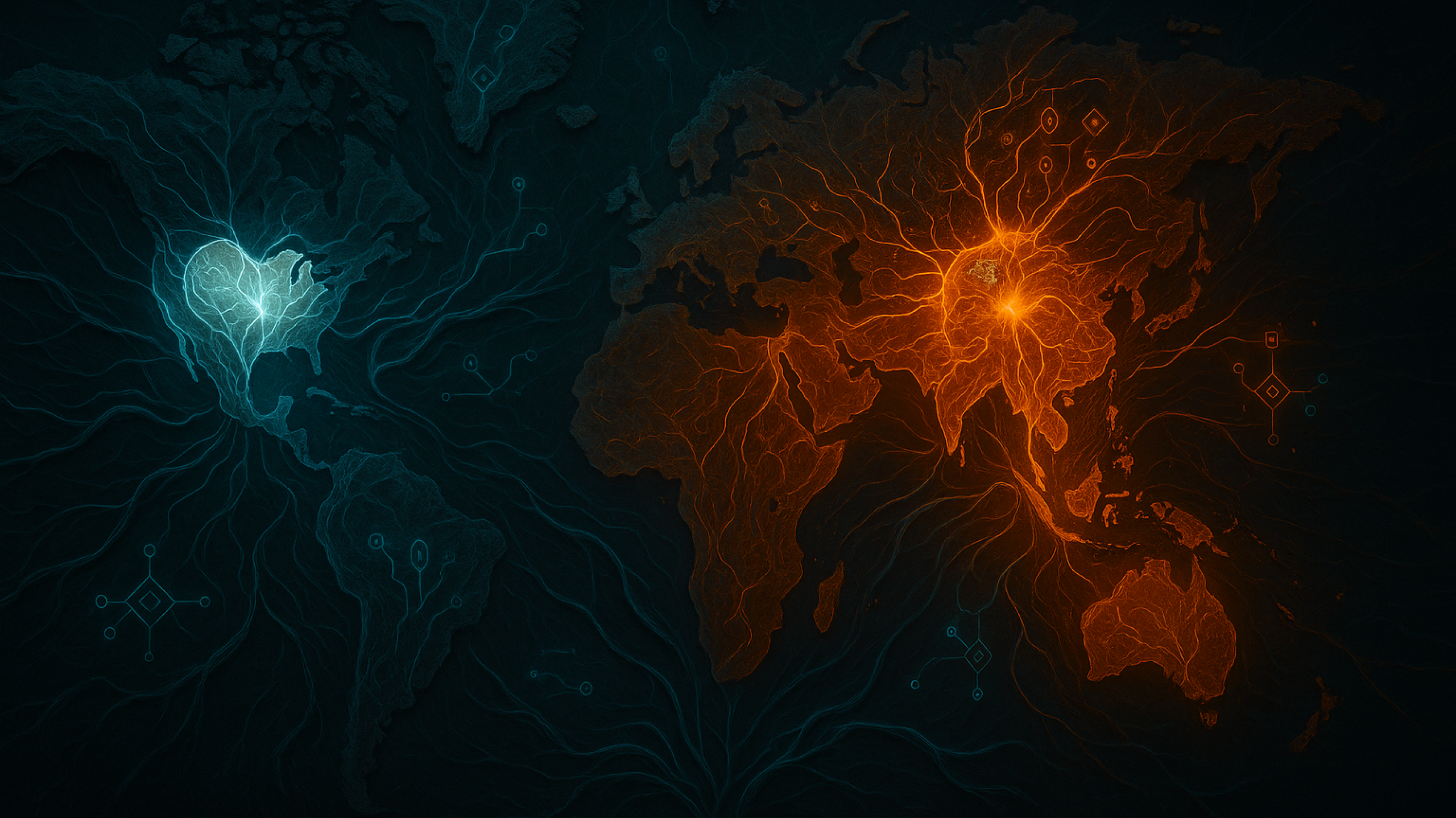 Imagem realista e simbólica de um mapa-múndi biotecnológico, com os EUA representados por um coração esbranquiçado e enfraquecido, enquanto os BRICS brilham em tons de cobre e neon, criando uma nova rede simbiótica de valor descentralizado.